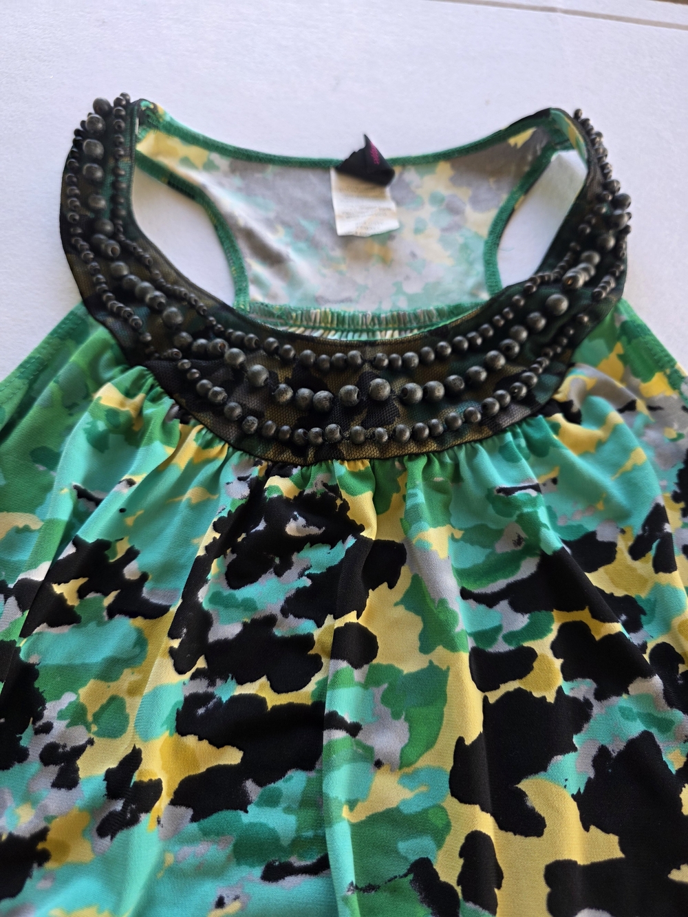 Wrapper Green Yellow Black Patterned Beaded Racerback Tank - Picture 2 of 9